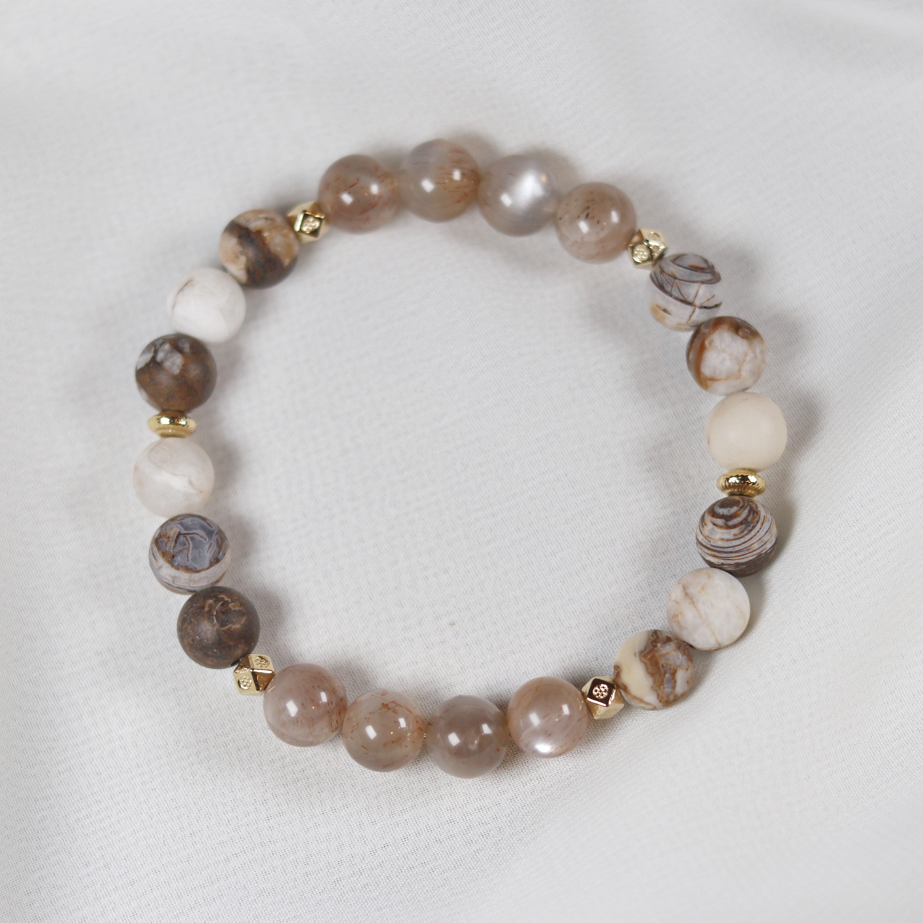 Peach Moonstone x Petrified Wood Bracelet