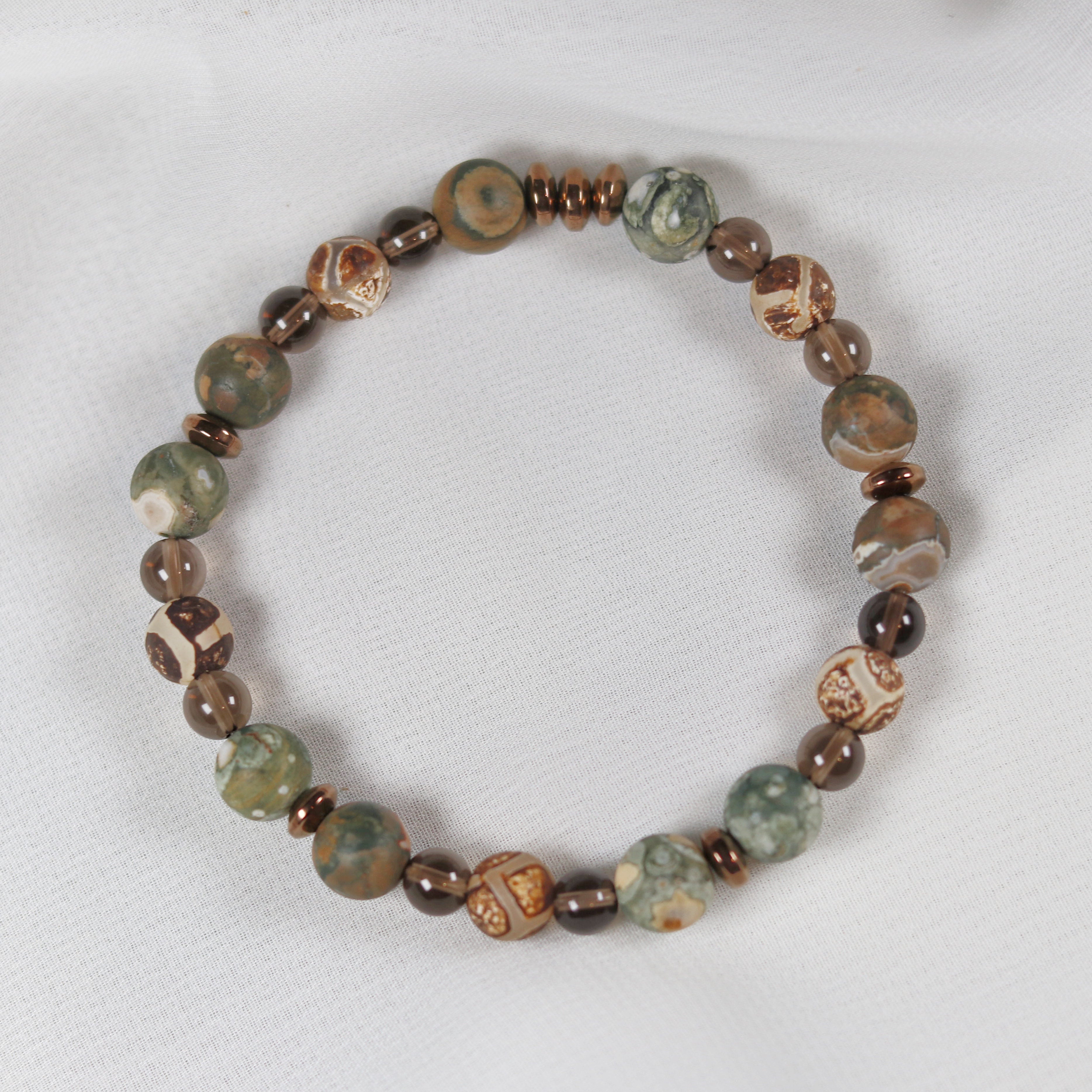 Rainforest Jasper x Smoky Quartz x Tibetan Agate Bracelet