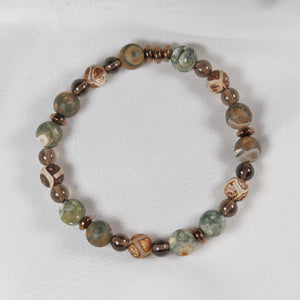 Rainforest Jasper x Smoky Quartz x Tibetan Agate Bracelet