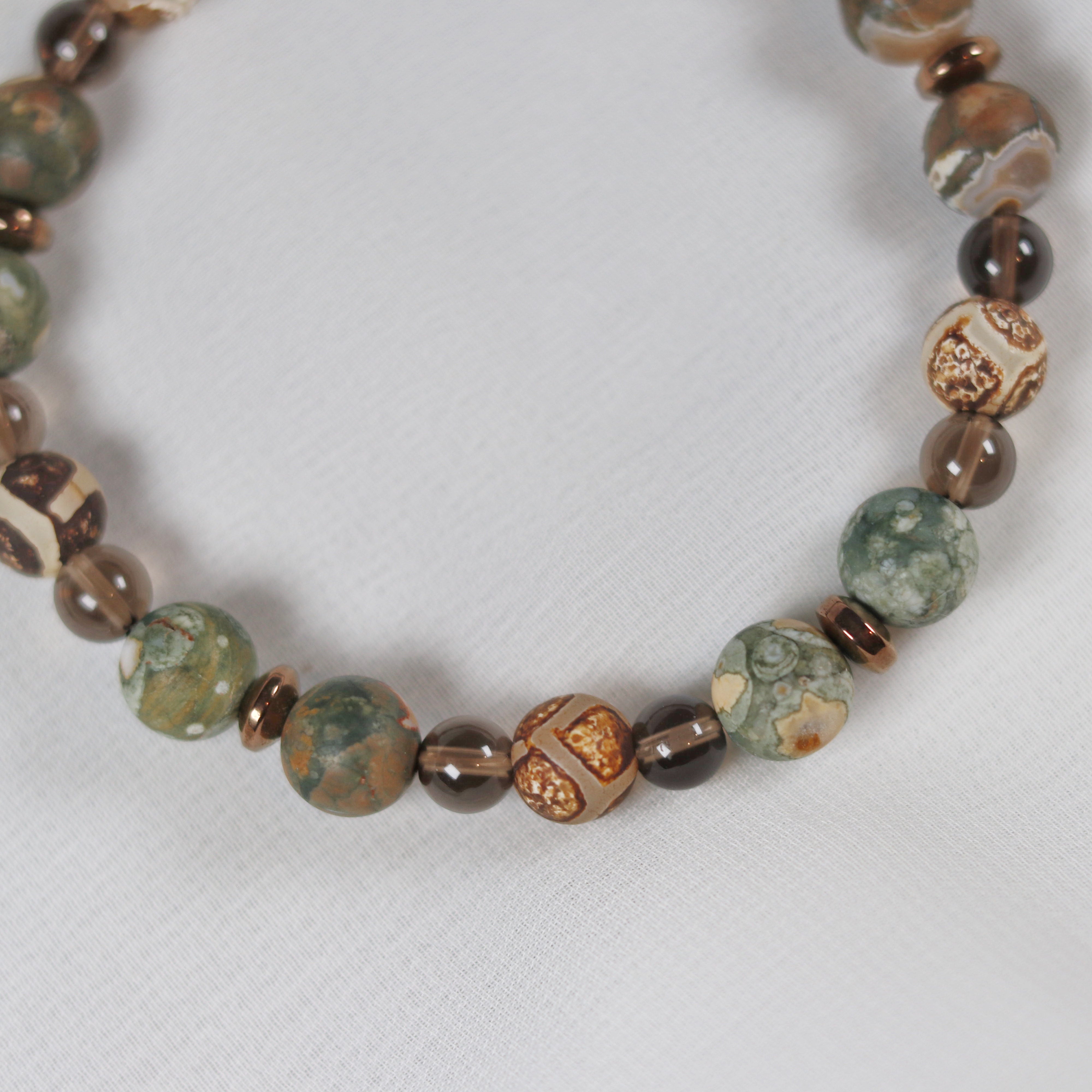 Rainforest Jasper x Smoky Quartz x Tibetan Agate Bracelet