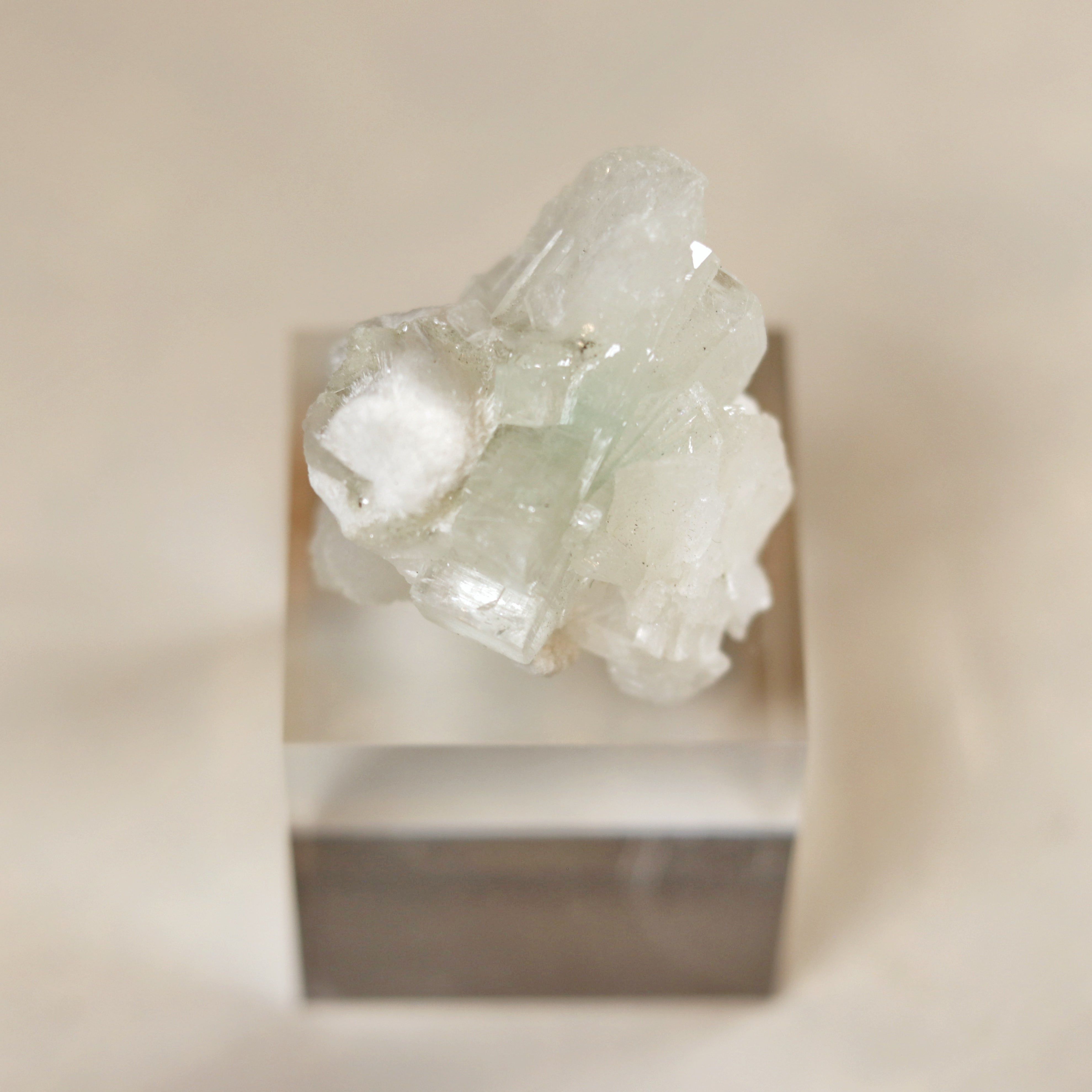 Green Apophyllite Cluster with Okenite and White Stilbite