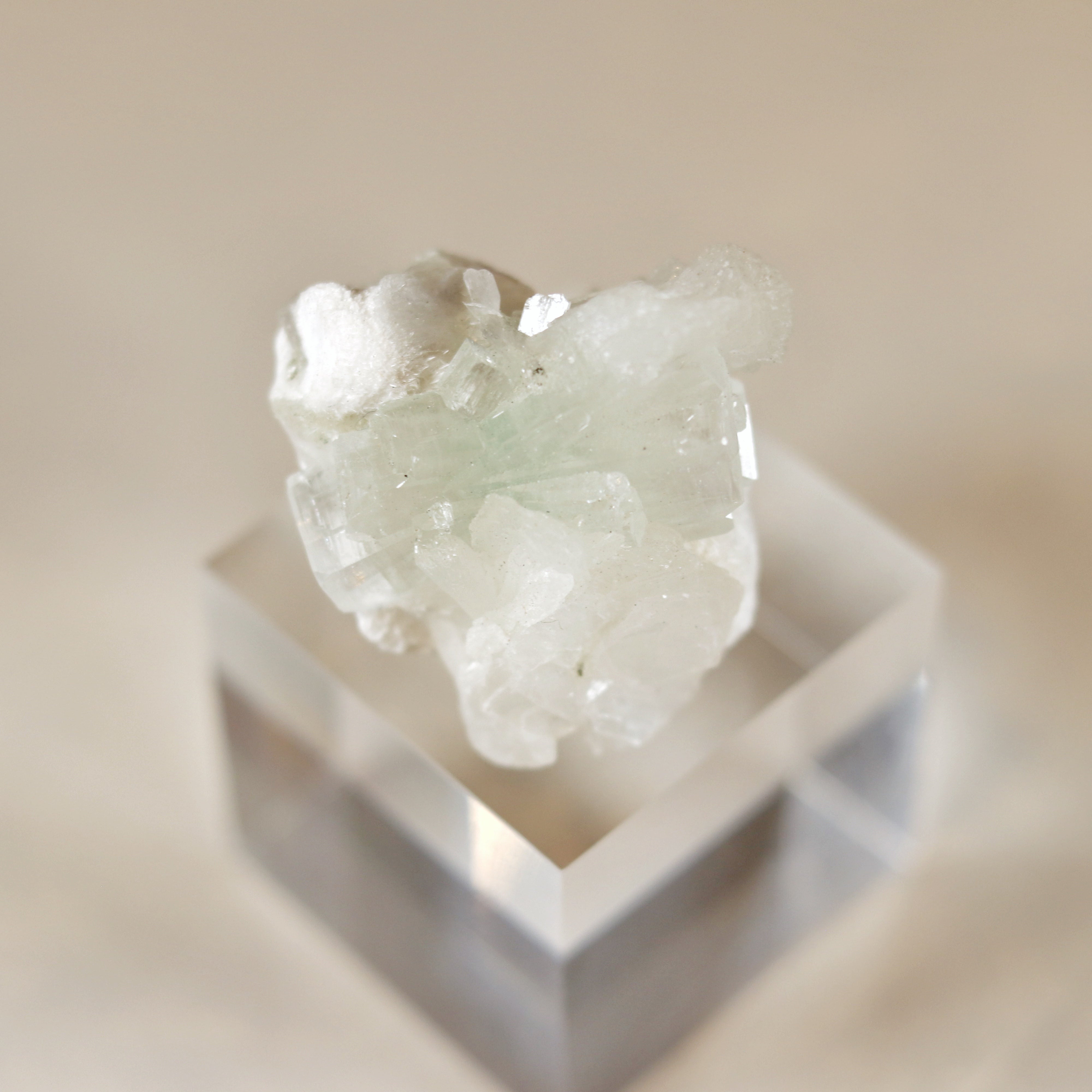 Green Apophyllite Cluster with Okenite and White Stilbite