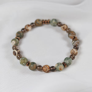 Rainforest Jasper x Smoky Quartz x Tibetan Agate Bracelet