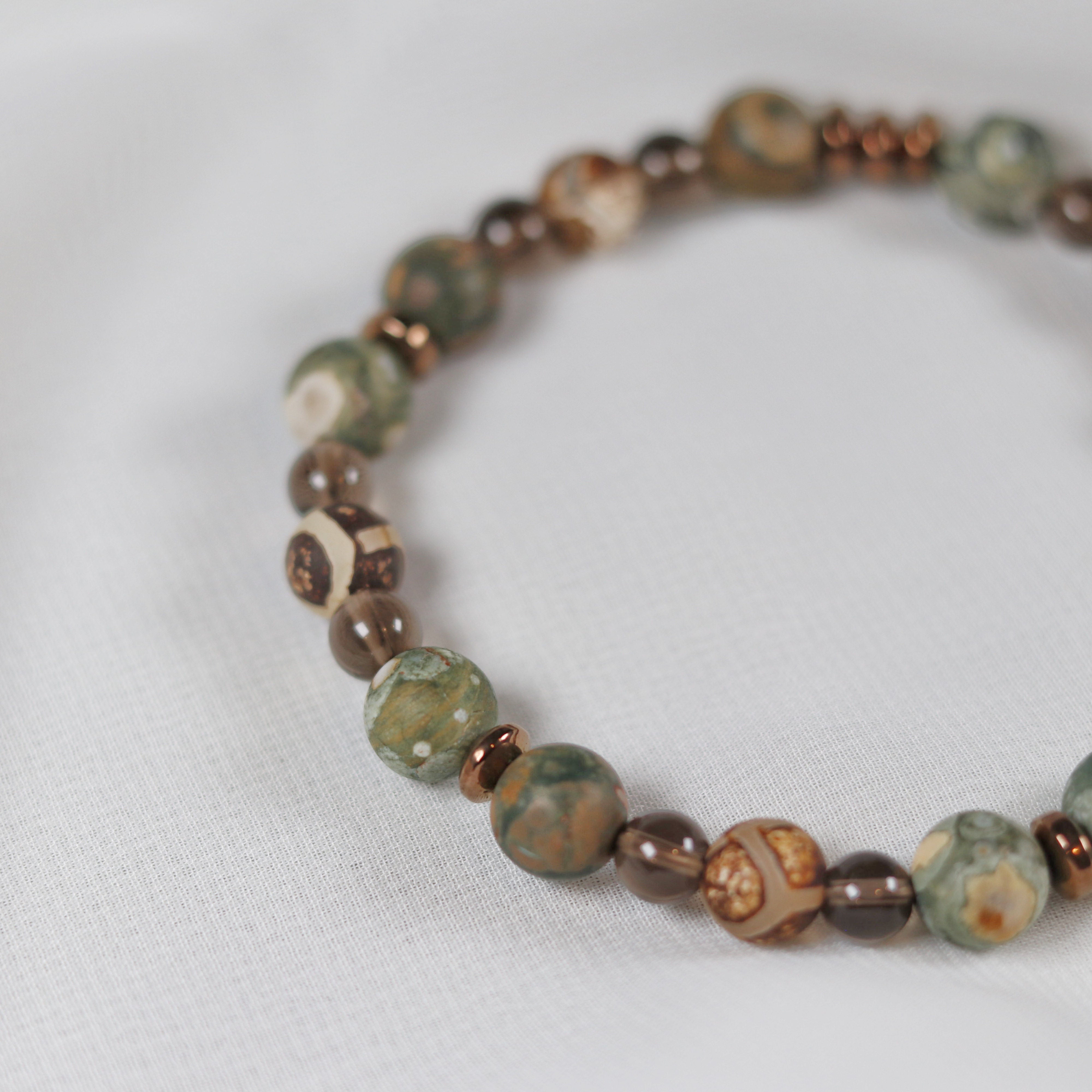 Rainforest Jasper x Smoky Quartz x Tibetan Agate Bracelet